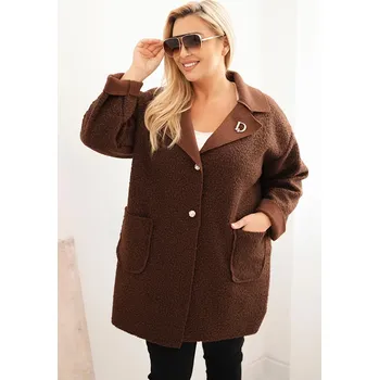 Dámský kabát Kesi Dámský kabát Plus Size beránek s vlnou a kapsami fango Barva: Hnědá, Velikost: UNI