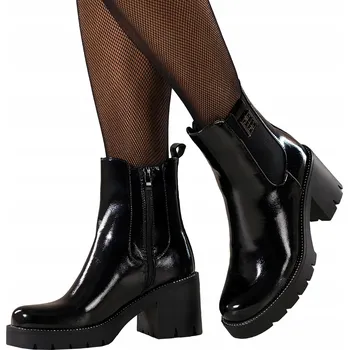 Dámská zimní obuv KOTNÍKOVÉ BOTY Černé Dámské Lakované POHODLNÉ S Ozdobou Široký Podpatek MÓDNÍ vel. 39