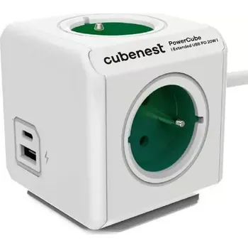 Prodlužovací kabel Cubenest PowerCube Extended USB PD 20W – zelený prodlužovák 1,5 m (Cubenest PowerCube Extended USB A+C PD 20W 1,5 m Green – designový prodlužovák se 4 zásuvkami, USB porty a rychlým nabíjením)