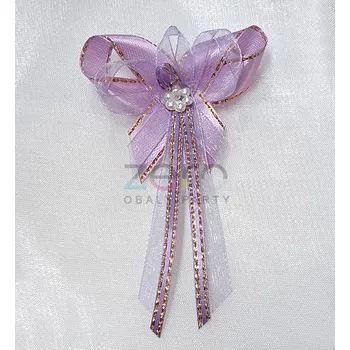 Svatební dekorace Vonička (vývazek) svatební - fialovo-zlatá s pruhy a perlovým květem II