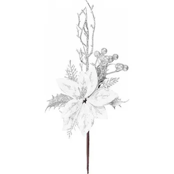 Vánoční dekorace Větvička MagicHome s květem, stříbrná, 27cm