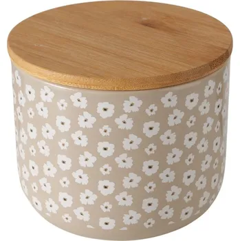 Dóza na potraviny KUCHYŇSKÁ DÓZA S VÍKEM KERAMICKÁ BÉŽOVÁ S BÍLÝMI KVĚTY 450 ML
