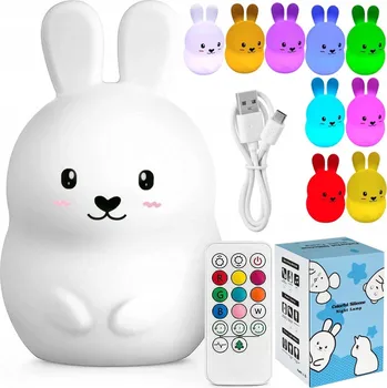 Lampička Noční lampička pro děti silikonová barevná LED RGB + DÁLKOVÉ OVLÁDÁNÍ USB - králíček (zajíček)