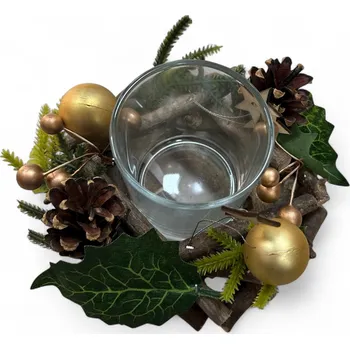 Vánoční dekorace Vánoční mini dřevěný svícen s doplňky (16x9 cm) Barva: Zlatá