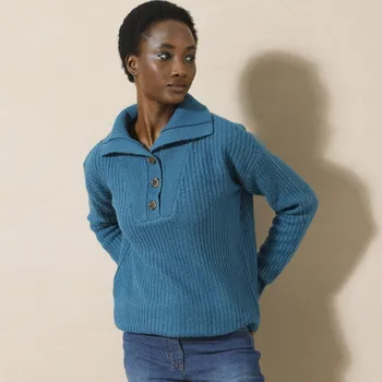 Dámský svetr Pulovr se stojáčkem, pletený hladký vzor mohérový na dotek modrá 46/48