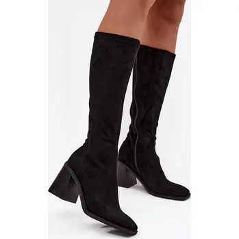 Dámské kozačky Boto Ženské kozačky na robustním podpatku Eko semiš Traven Barva: Černá, Velikost: 37