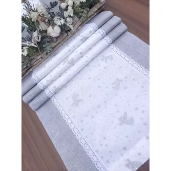 ubrus Běhoun vánoční - stříbrní andílci na bílé v kombinace s šedou