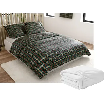 Povlečení Sada mikroplyšového povlečení GLENMOORE zelené + prostěradlo mikroplyš SOFT 90x200 cm bílé, jednolůžko