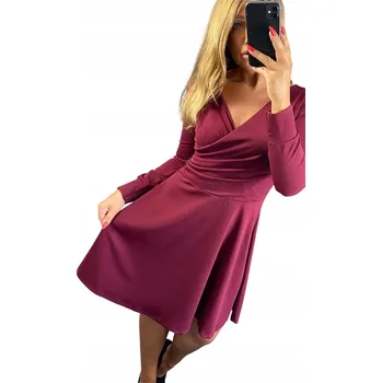 Dámské šaty V567 ŠATY DLOUHÝ RUKÁV HLADKÉ ROZŠÍŘENÉ BORDO vel. 38 (M)