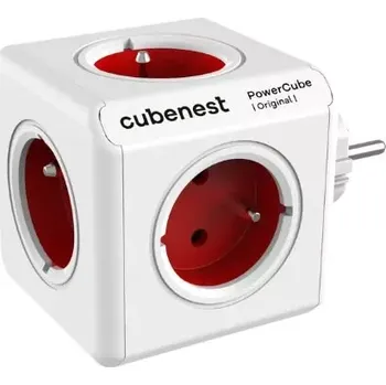 Prodlužovací kabel Cubenest PowerCube Original – červená rozdvojka se 5 zásuvkami (Cubenest PowerCube Original Red – elegantní červená rozdvojka se 5 zásuvkami a chytrým designem)
