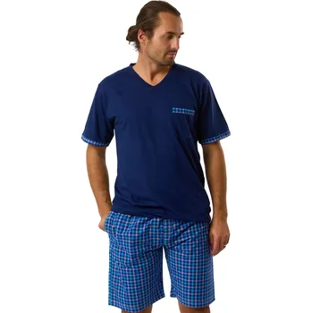 Pánské pyžamo Pánské bavlněné modré pyžamo, kraťasy modré tyrkysovošedé kárování 1P2025 modrá xl