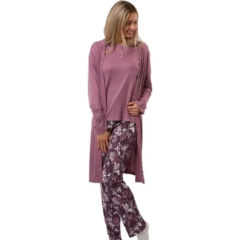 Dámské pyžamo Bordó komplet župan a pyžamo s tmavě fialovými kalhotami a květy - luxusní 1G0758 fialová xl