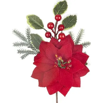 Vánoce MagicHome Vánoční větvička, s květem vánoční hvězdy, červená, 24 cm