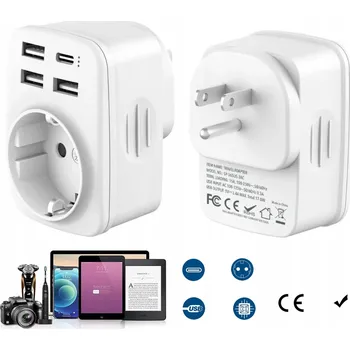 Elektrická zásuvka Adaptér Zásuvky UK na EU + USB a USB-C Nabíječka CESTOVNÍ