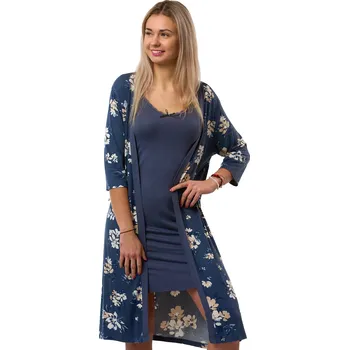 Dámská noční košile Košilka a župan v kompletu, tmavá modrá, s růžovými květy - jemný, pružný materiál 1D1743 modrá l