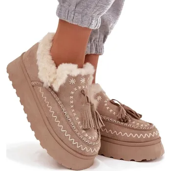 Dámská zimní obuv Dámské sněhule z eko semiše na platformě, prošívané, KOŽÍŠEK, třásně, béžové, velikost 40