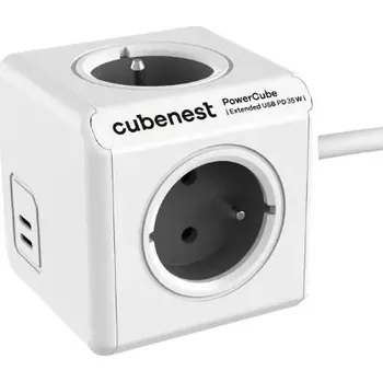 Prodlužovací kabel Cubenest PowerCube Extended USB PD 35W – šedý prodlužovák s 2x USB-C 1,5 m (Cubenest PowerCube Extended USB C+C PD 35W 1,5 m Grey – designový prodlužovák se 4 zásuvkami, 2 USB-C porty a rychlým nabíjením)