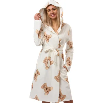 Dámský župan Dámský župan, bavlněný, teplý, bílý s kapucí a vzorem hnědých medvědů 1TB0144 bílá m