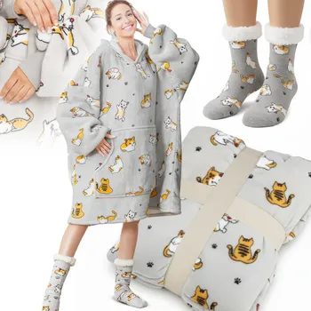 Dámská mikina MIKINOVÁ DEKA OVERSIZE SILNÁ MIKINOVÁ DEKA S KAPUCÍ VZOR KOČKY XXL + PONOŽKY