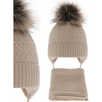 Čepice Béžová nude teplá zimní souprava CZAPKA wiązana SZALIK 46-50 POLAR 1-3 let