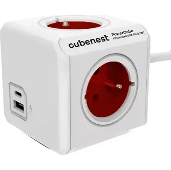 Prodlužovací kabel Cubenest PowerCube Extended USB PD 20W – červený prodlužovák 1,5 m (Cubenest PowerCube Extended USB A+C PD 20W 1,5 m Red – designový prodlužovák se 4 zásuvkami, USB porty a rychlým nabíjením)
