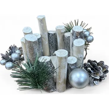 Vánoční dekorace Vánoční dřevěný svícen s ozdobami (15x9 cm) Barva: Stříbrná