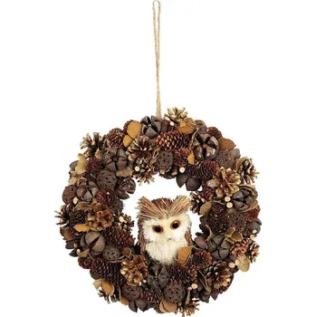 Vánoční dekorace Věnec MagicHome, závěsný, hnědý, se sovou, 30x8cm, přírodní vzhled