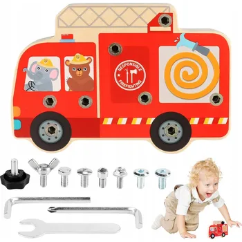 Dřevěná hračka HRAČKA MONTESSORI DŘEVĚNÉ HASIČSKÉ AUTO ŠROUBOVÁNÍ ŠROUBY + NÁŘADÍ