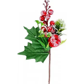 Vánoční dekorace Větvička MagicHome s bobulkami a jablíčkem, červená, efekt mrazu, 22cm