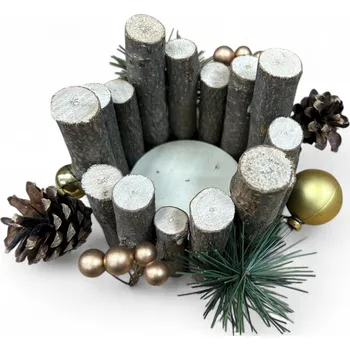 Vánoční dekorace Vánoční dřevěný svícen s ozdobami (15x9 cm) Barva: Zlatá