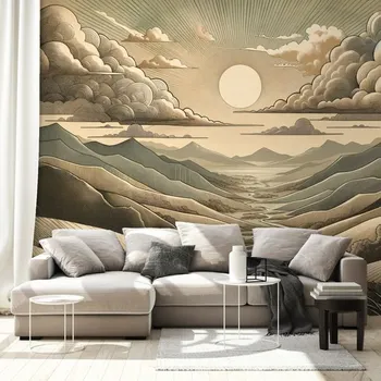 Tapeta Dovido Tapeta vintage krajina s horami a sluncem