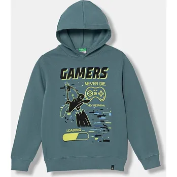 Chlapecká mikina Dětská mikina United Colors of Benetton zelená barva, s kapucí, s potiskem, 3J73C205I 3J73C205I.G.Seasonal 96X, vel. 160