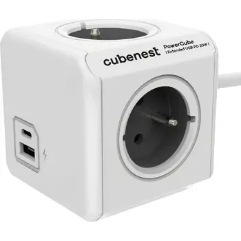 Prodlužovací kabel Cubenest PowerCube Extended USB PD 20W – šedý prodlužovák 1,5 m (Cubenest PowerCube Extended USB A+C PD 20W 1,5 m Grey – designový prodlužovák se 4 zásuvkami a rychlým nabíjením)