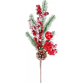 Vánoční dekorace Větvička MagicHome s bobulkami a šiškou, červená, zasněžená, 32cm