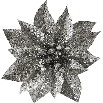 Vánoční dekorace Květ GlitterPoinsettia MagicHome se skřipcem, stříbrný, 9x8cm