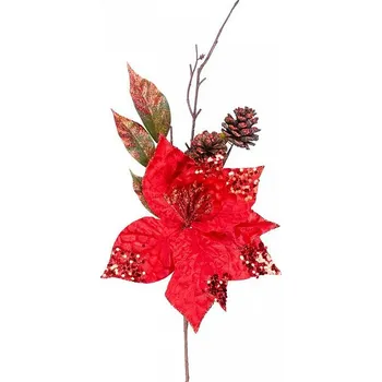 Vánoční dekorace Větvička MagicHome s květem poinsettia, červená, 34cm