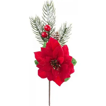 Vánoční dekorace Větvička MagicHome s květem vánoční hvězda, červená, 22cm