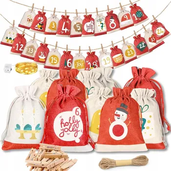Vánoční dekorace DIY ADVENTNÍ KALENDÁŘ PRO DĚTI - SÁČKY, ZÁVĚSNÉ DEKORACE, DÁRKY, ŠŇŮRKA - SADA