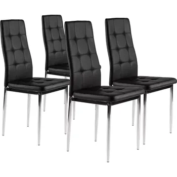 Jídelní židle Sada 4 černých židlí na jídelní a obývací pokoj s prošívaným polstrováním a chromovými nohami