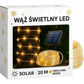 Vánoce Solární LED světelný had 22 m, 200 LED, teplá bílá, IP44, zahradní, venkovní
