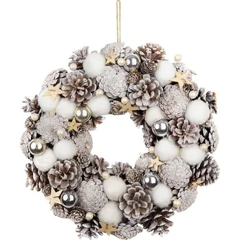 Vánoční dekorace Věnec MagicHome, přírodní vzhled, bílý, závěsný, s hvězdičkami, 35x9cm