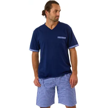 Pánské pyžamo Pánské bavlněné modré pyžamo, kraťasy světlá modrá šedorůžové kárování 1P2024 modrá xxxl