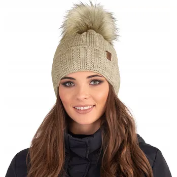 Čepice Teplá zimní Čepice s bambulkou, béžová, VIVISENCE 7019