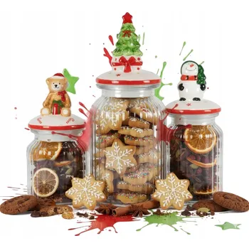 Dóza na potraviny 3x VÁNOČNÍ SKLENĚNÉ NÁDOBY / SKLENICE NA CUKROVÍ, PERNÍKY, BONBÓNY - SADA