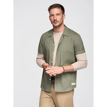 Pánská košile Pánská košile s krátkým rukávem a kubánským límcem - khaki V4 OM-SHSS-0168 - M