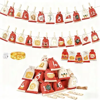 Vánoční dekorace 24 ks DIY adventní kalendář – sáčky, vyrob si sám, pro děti, na dárky