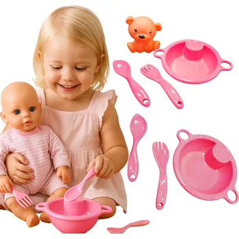 Příslušenství pro panenky, sada na krmení panenek: miska, vidlička, lžička