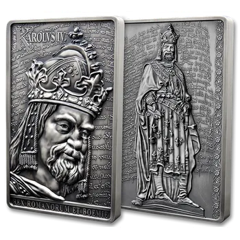 Karel IV. - Stříbrná cihla 1 kg s extrémním reliéfem a Zlatou bulou