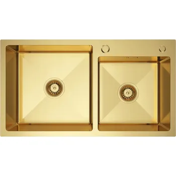 Granitový dřez Dřez 78x45 cm Zlatý, Dvoukomorový, Ocel, PVD + Sifon