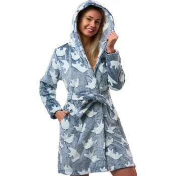 Dámský župan Župan dámský modrý melír s kapucí a vzorem ledních medvědů 1Z1737 modrá s